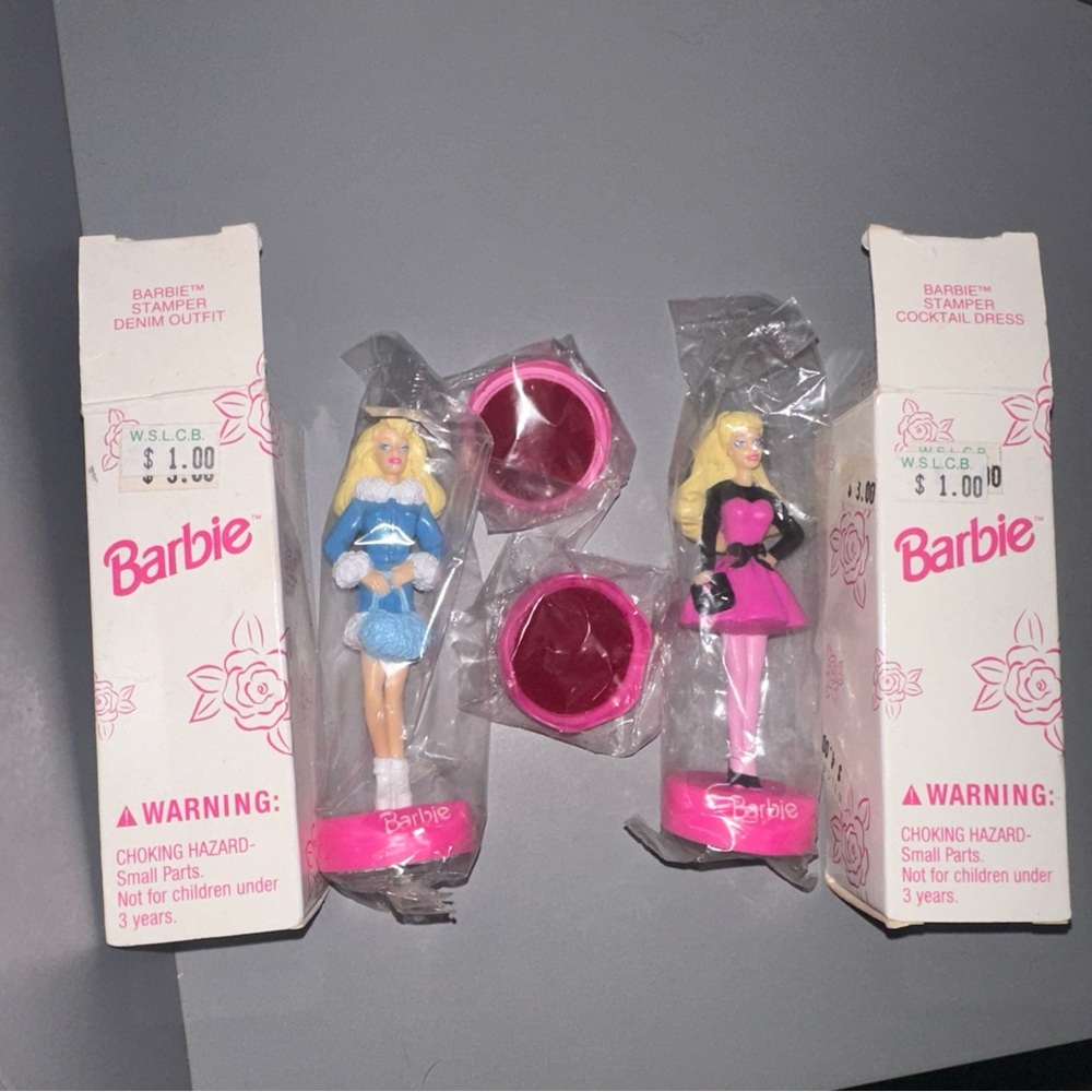 2 Barbie Doll Stamper Pink Ink Pad Cocktail Denim Outfit Sealed Avon 1998 Boxed
